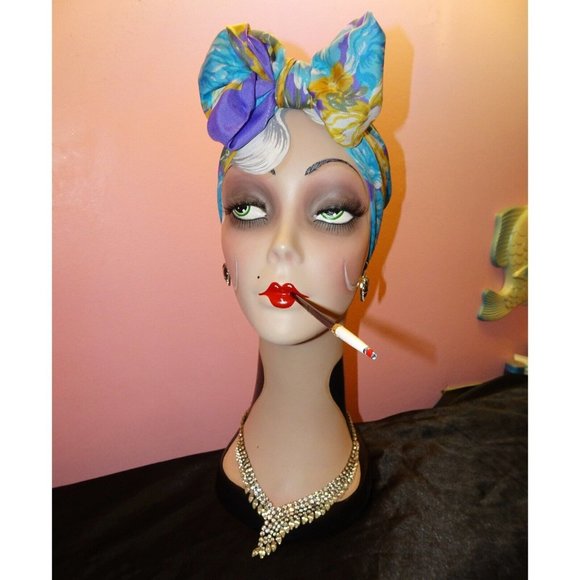 Vintage Blue & Purple Extra Large Floral Scarf square shaped flowers leaves 70s - Picture 5 of 16